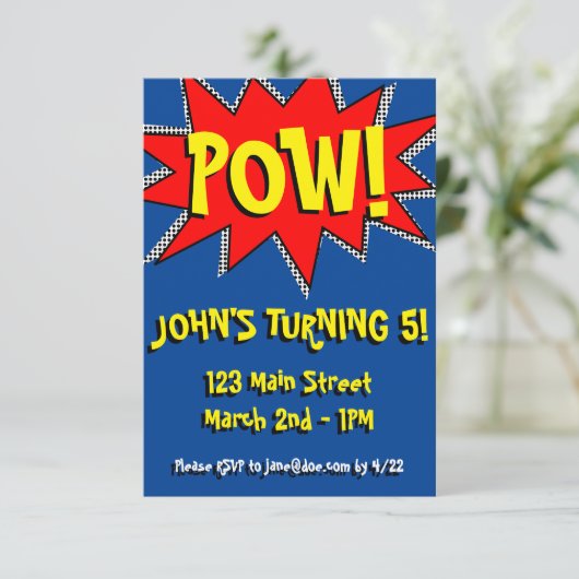 スーパーヒーロー漫画ブックをテーマにした招待状テンプレート 招待状 (スタンド正面)