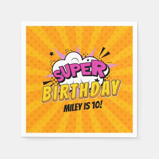 スーパーヒーロー漫画ブックガールかわいい誕生日 スタンダードカクテルナプキン (正面)