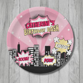 スーパーヒーロー漫画ブックスタイルガールピンク誕生日 ペーパープレート