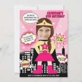 スーパーヒーロー漫画ブックスタイルガール誕生日写真 招待状 (正面)