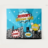 スーパーヒーロー漫画ブックスタイルボーイ誕生日ブルー タペストリー (正面(横))