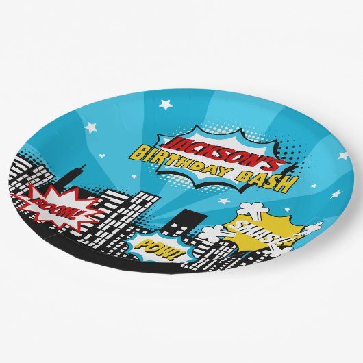 スーパーヒーロー漫画ブックスタイルボーイ誕生日ブルー ペーパープレート (アングル)
