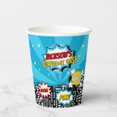 スーパーヒーロー漫画ブックスタイルボーイ誕生日ブルー 紙コップ (裏面)