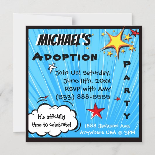 スーパーヒーロー漫画ブックスタイル採用パーティー マグネット招待状 (正面)