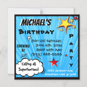スーパーヒーロー漫画ブックスタイル誕生日パーティー用品 マグネット招待状 (正面)