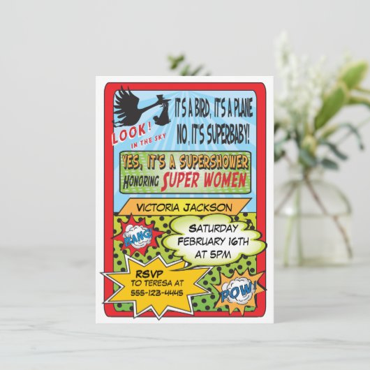 スーパーヒーロー漫画ブックベビーシャワー招待状 招待状 (スタンド正面)