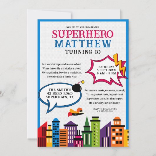 スーパーヒーロー漫画ブックボーイズ誕生日 招待状 (正面)
