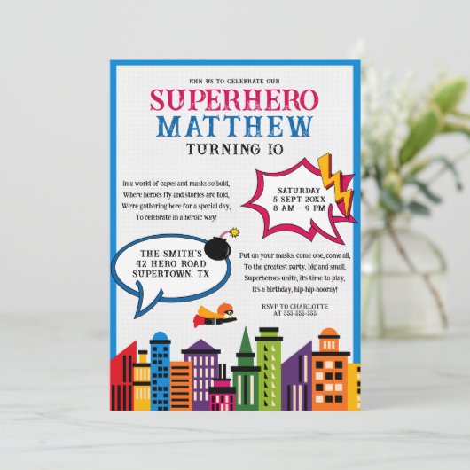 スーパーヒーロー漫画ブックボーイズ誕生日 招待状 (スタンド正面)