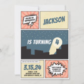 スーパーヒーロー漫画ブックボーイ誕生日 招待状 (正面)