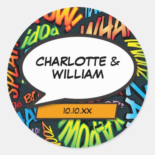 スーパーヒーロー漫画ブックレトロ音声バブル ラウンドシール (正面)