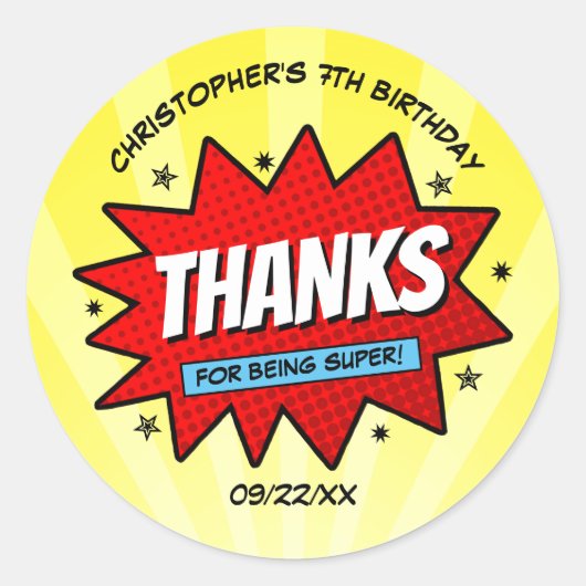 スーパーヒーロー漫画ブック任意の年齢の誕生日パーティーの好意 ラウンドシール (正面)