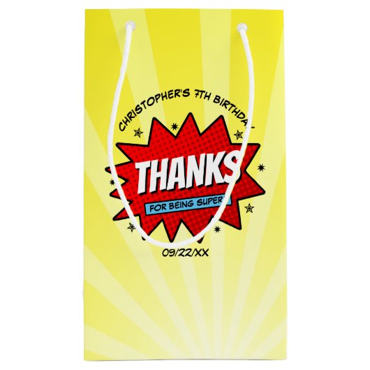 スーパーヒーロー漫画ブック任意の年齢誕生日ありがとう スモールペーパーバッグ (裏面)