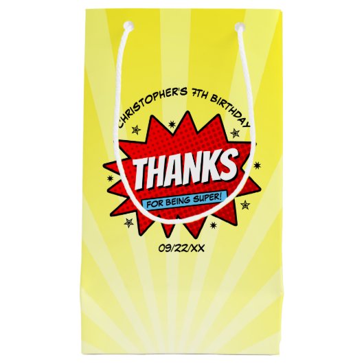 スーパーヒーロー漫画ブック任意の年齢誕生日ありがとう スモールペーパーバッグ (正面)