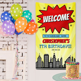 スーパーヒーロー漫画ブック任意の年齢誕生日へようこそ 横断幕