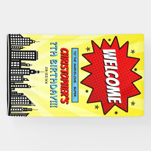 スーパーヒーロー漫画ブック任意の年齢誕生日へようこそ 横断幕 (横)