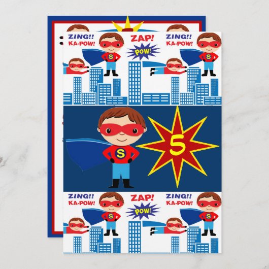 スーパーヒーロー漫画ブック子供の誕生日招待状 招待状 (正面/裏面)