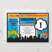 スーパーヒーロー漫画ボーイズファースト誕生日パーティー 招待状 (正面)