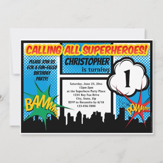 スーパーヒーロー漫画ボーイズファースト誕生日パーティー 招待状 (正面)