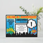 スーパーヒーロー漫画ボーイズファースト誕生日パーティー 招待状 (スタンド正面)