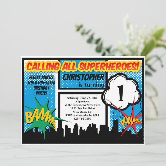 スーパーヒーロー漫画ボーイズファースト誕生日パーティー 招待状 (スタンド正面)