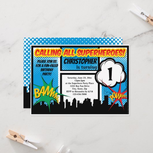 スーパーヒーロー漫画ボーイズファースト誕生日パーティー 招待状 (正面/裏面インサイチュ)