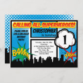 スーパーヒーロー漫画ボーイズファースト誕生日パーティー 招待状 (正面/裏面)