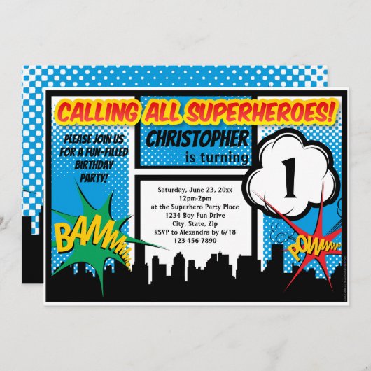 スーパーヒーロー漫画ボーイズファースト誕生日パーティー 招待状 (正面/裏面)