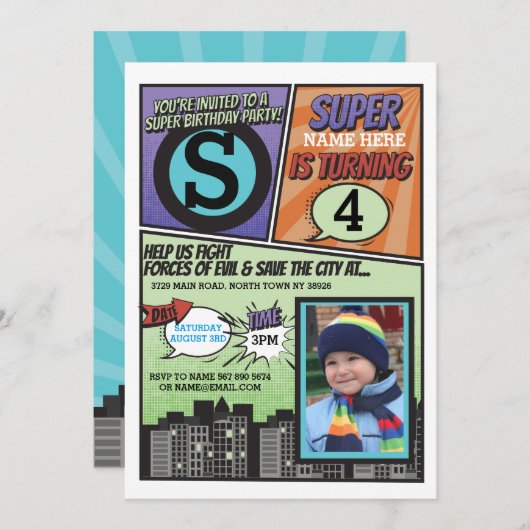 スーパーヒーロー漫画ボーイ招待状ヒーローすごい招待状 招待状 (正面/裏面)