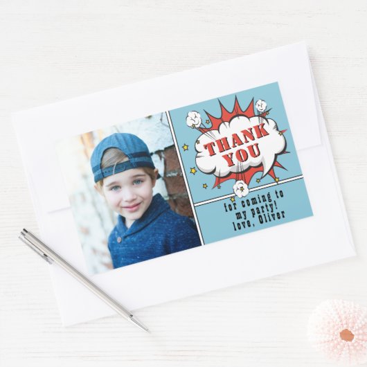 スーパーヒーロー漫画ボーイ誕生日写真ありがとう 長方形シール (封筒)