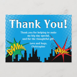 スーパーヒーロー漫画少年の誕生日パーティーありがとう サンキューカード