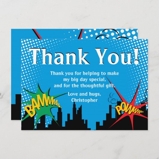 スーパーヒーロー漫画少年の誕生日パーティーありがとう サンキューカード (正面/裏面)