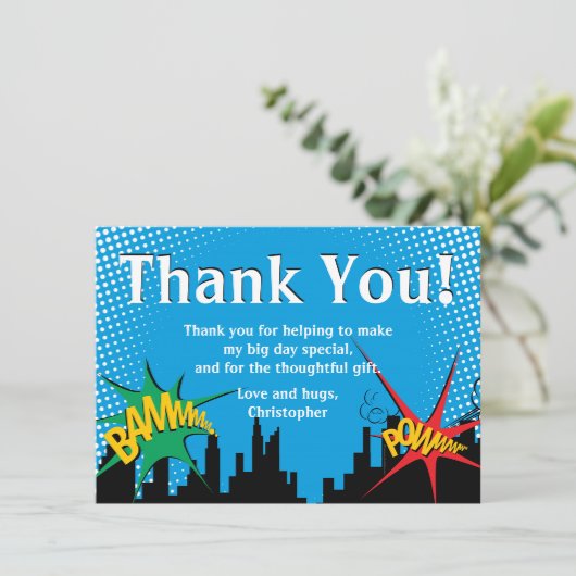 スーパーヒーロー漫画少年の誕生日パーティーありがとう サンキューカード (スタンド正面)