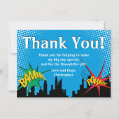 スーパーヒーロー漫画少年の誕生日パーティーありがとう サンキューカード (正面)