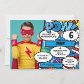 スーパーヒーロー漫画誕生日パーティーブルーフォトインビタティ 招待状 (正面)
