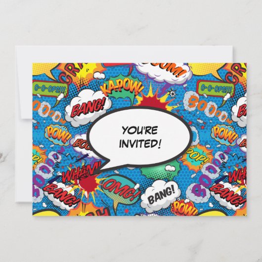 スーパーヒーロー漫画誕生日パーティーブルーフォトインビタティ 招待状 (裏面)
