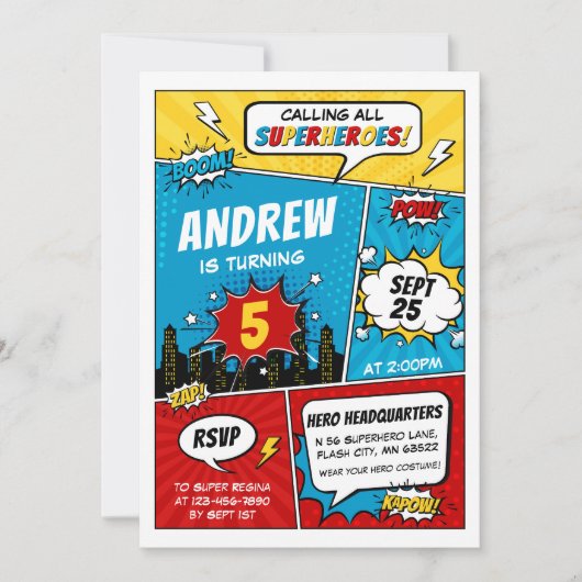 スーパーヒーロー漫画誕生日招待状ボーイ 招待状 (正面)