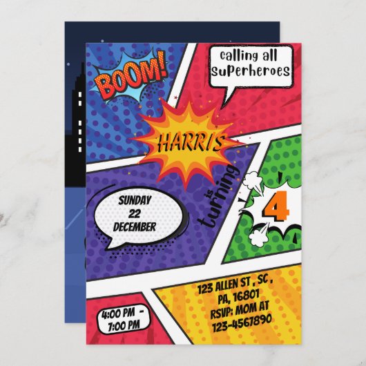 スーパーヒーロー漫画誕生日招待状forボーイズ 招待状 (正面/裏面)