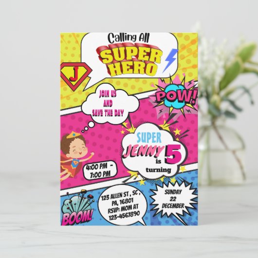 スーパーヒーロー漫画誕生日招待状for GIRLS 招待状 (スタンド正面)