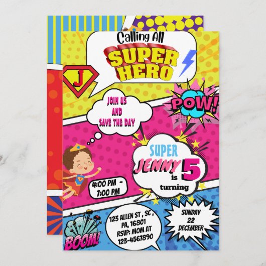 スーパーヒーロー漫画誕生日招待状for GIRLS 招待状 (正面/裏面)