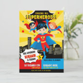 スーパーヒーロー男の子の誕生日パーティーの招待 招待状 (スタンド正面)