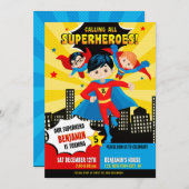スーパーヒーロー男の子の誕生日パーティーの招待 招待状 (正面/裏面)