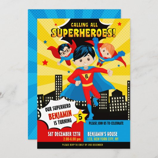 スーパーヒーロー男の子の誕生日パーティーの招待 招待状 (正面/裏面)