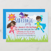 スーパーヒーロー男の子/女の子の誕生日パーティー 招待状 (正面/裏面)