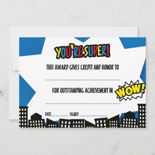 スーパーヒーロー証明書、卒業証書 招待状 (正面)