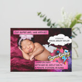 スーパーヒーロー誕生アナウンスメントカードSuperBABYピンク 案内状 (スタンド正面)