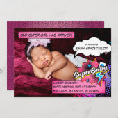 スーパーヒーロー誕生アナウンスメントカードSuperBABYピンク 案内状 (正面/裏面)