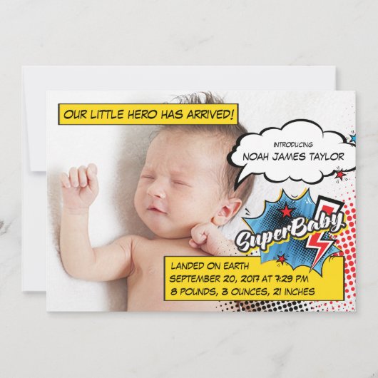 スーパーヒーロー誕生アナウンスメントカードSuperBABY blue 案内状 (正面)