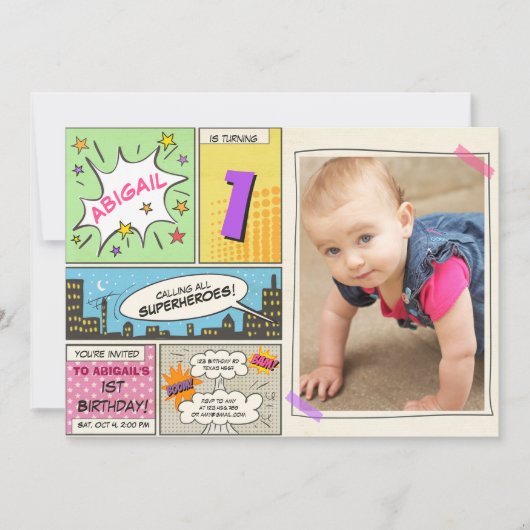 スーパーヒーロー誕生日の招待マンガヴィンテージガール 招待状 (正面)