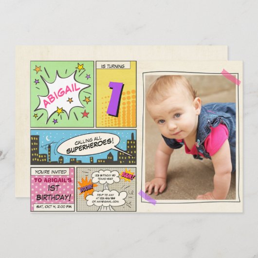 スーパーヒーロー誕生日の招待マンガヴィンテージガール 招待状 (正面/裏面)