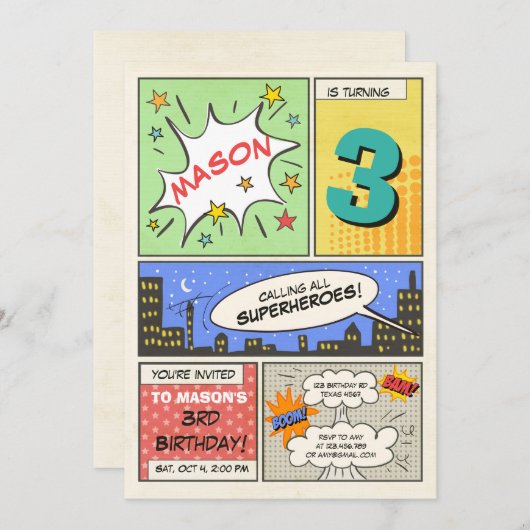スーパーヒーロー誕生日の招待マンガヴィンテージボーイ 招待状 (正面/裏面)